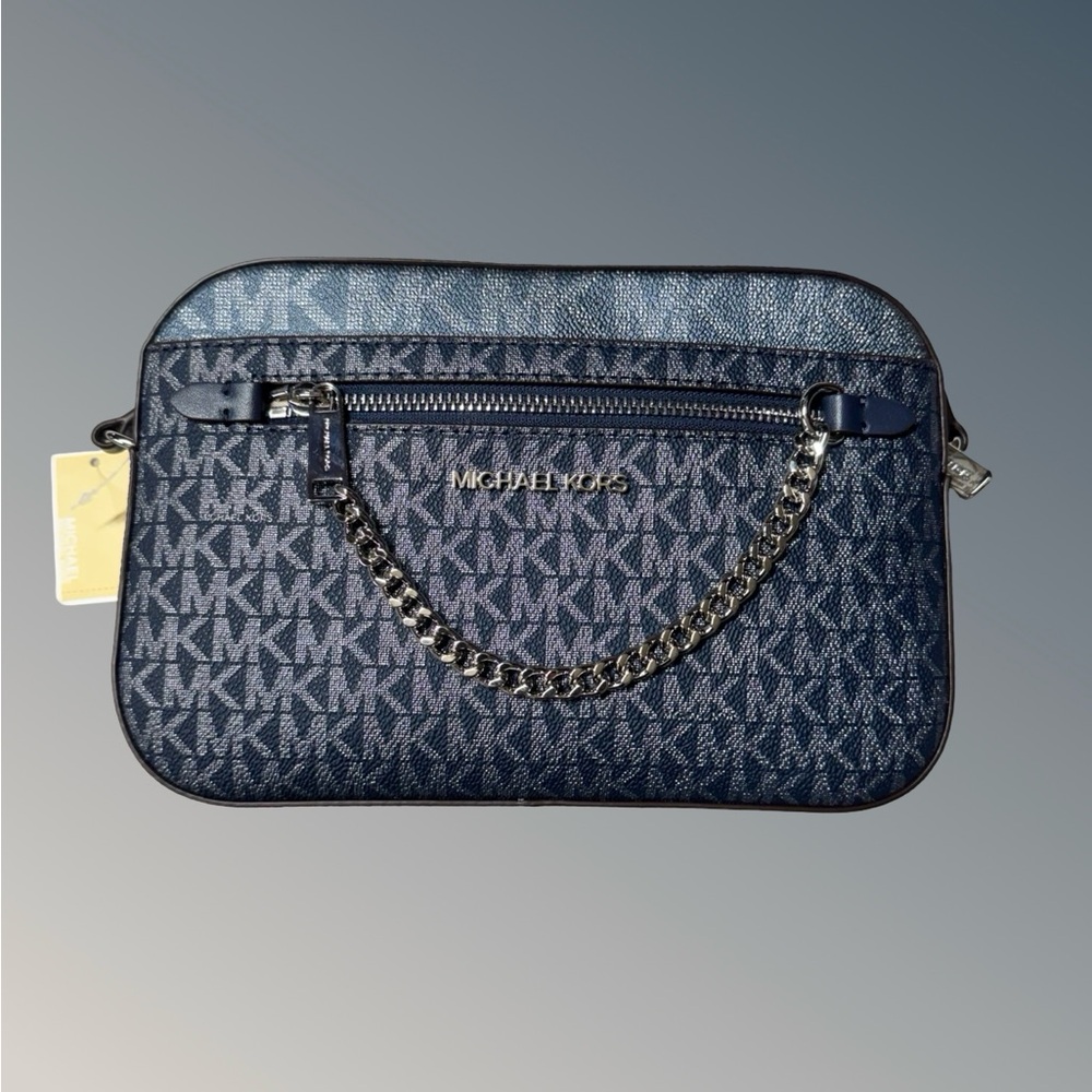 Michael Kors Blue Monogram Chain Pouch